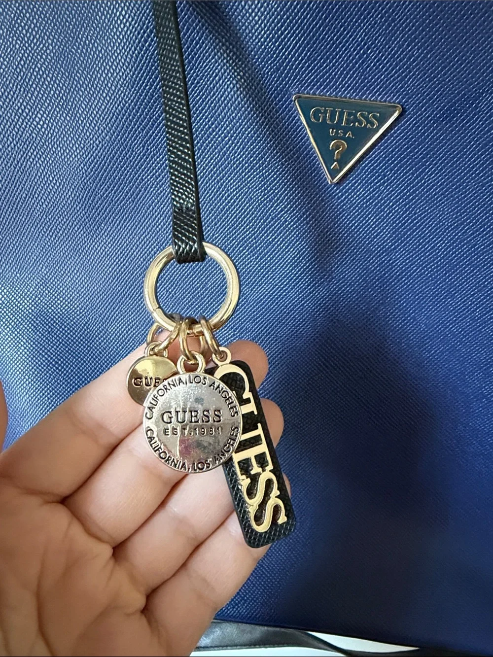 GUESS Navy Blue and Black Saffiano Tote with Key Charm